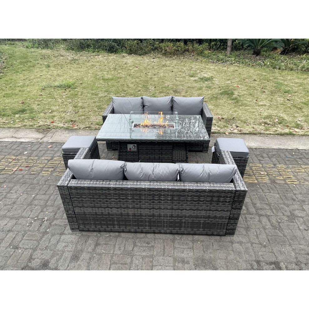 Fimous (6 Seater+2*Small Footstools) Fimou Pe Rattan Garden Furniture Gas Fire Pit Dining Table Lounge Sofa Grey
