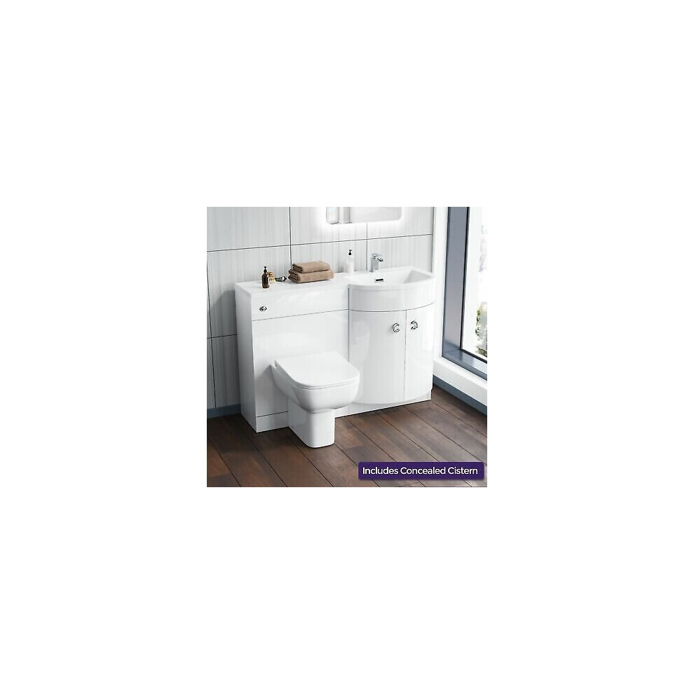 1100 mm P Shaped RH White Vanity Basin Cabinet and Wc BTW Toilet Unit | Dene