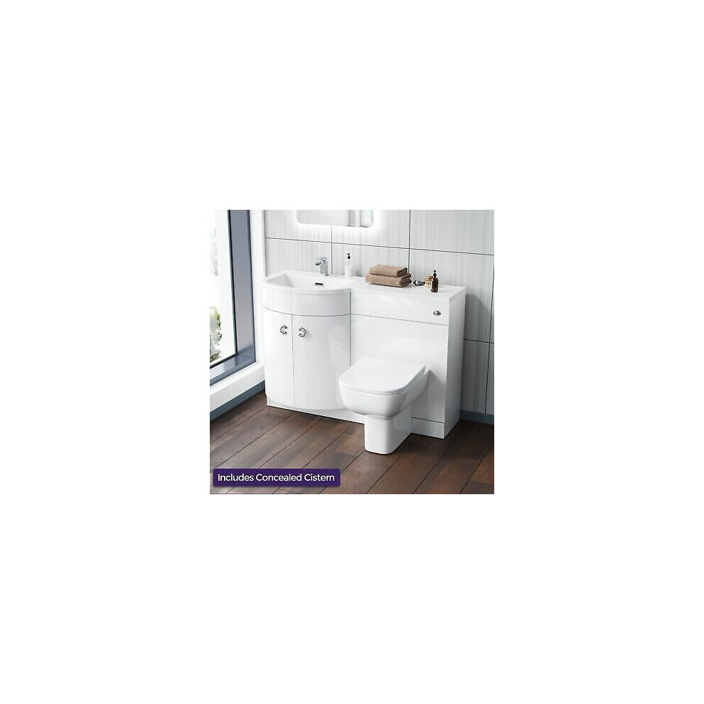 1100 mm P Shaped  LH White Vanity Basin Cabinet and  Wc BTW Toilet Unit | Dene