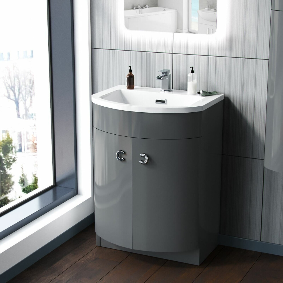 600mm Freestanding Modern Grey Gloss Basin Vanity Storage Unit | Dene