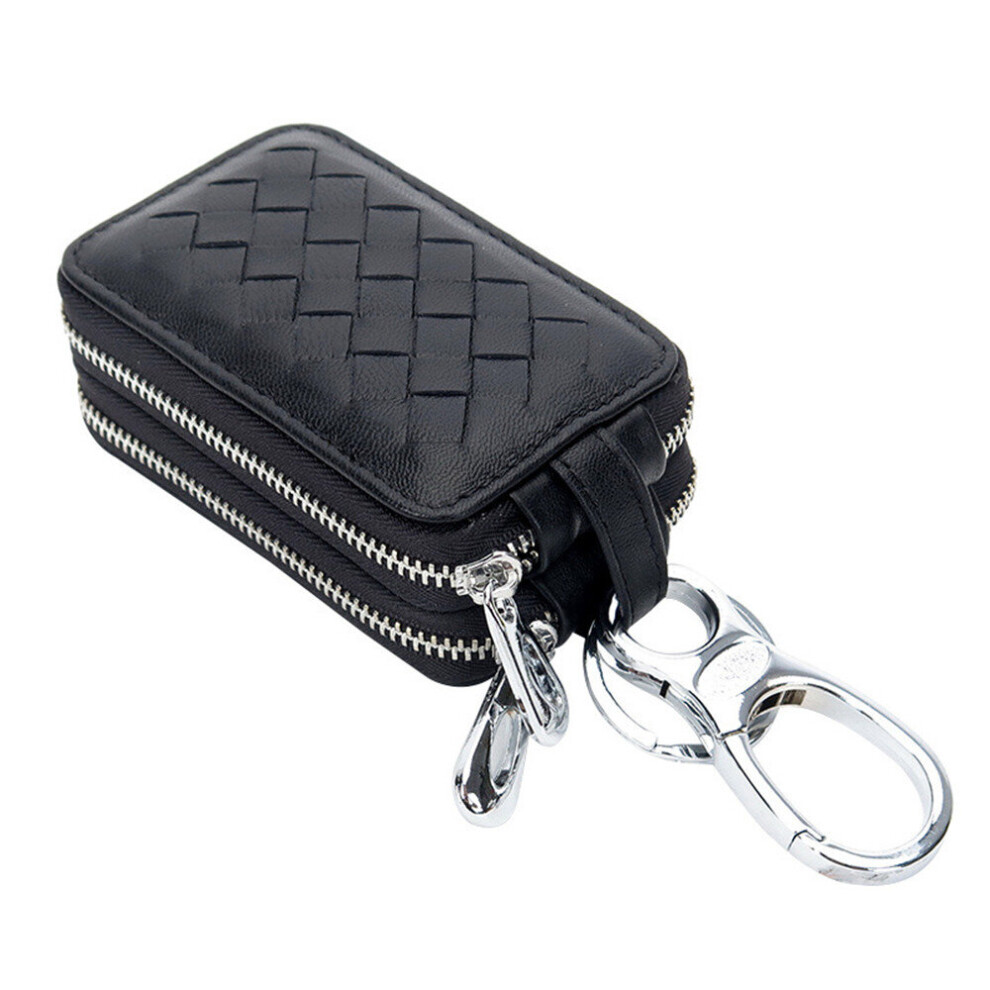 Knit Car Key Holder Leather Sheepskin Organizer Multifunction Housekeeper Clear Window Double Zipper Key Case Black 885662312391