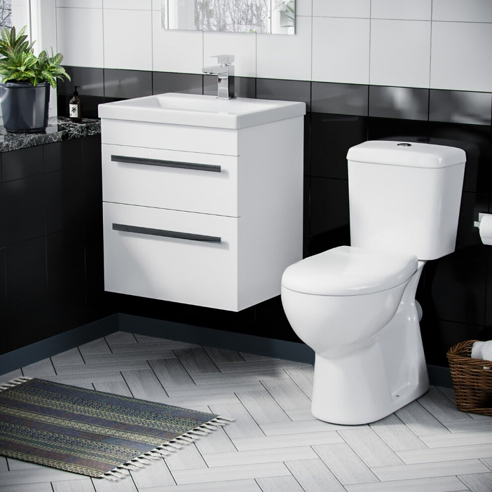 500mm White Wall Hung 2 Drawer Basin Vanity Cabinet WC Close Coupled Toilet Pan