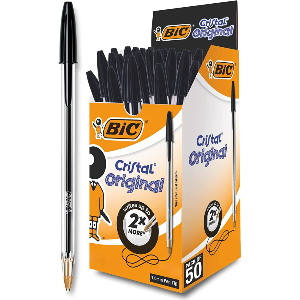 BIC Cristal Original Smudge Free Ballpoint Pens, Ideal for School, Black, Medium Point (1.0mm), Pack of 50