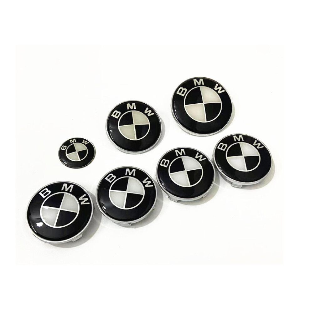 ( Set 1??82+74+4*68+45Mm?) 7Pcs/Set Of Bmw Boot Bonnet Badges Alloy Wheel Cap Black/White 5701510938535