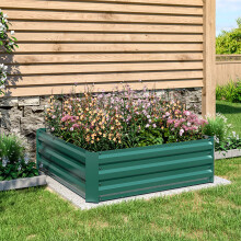 (Green 100x100x30cm) Garden Metal Raised Vegetable Planter Outdoor Flower Trough Herb Grow Bed Box