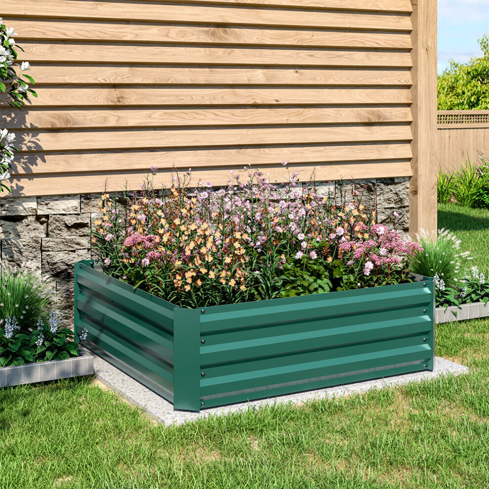 (Green 100x100x30cm) Garden Metal Raised Vegetable Planter Outdoor Flower Trough Herb Grow Bed Box