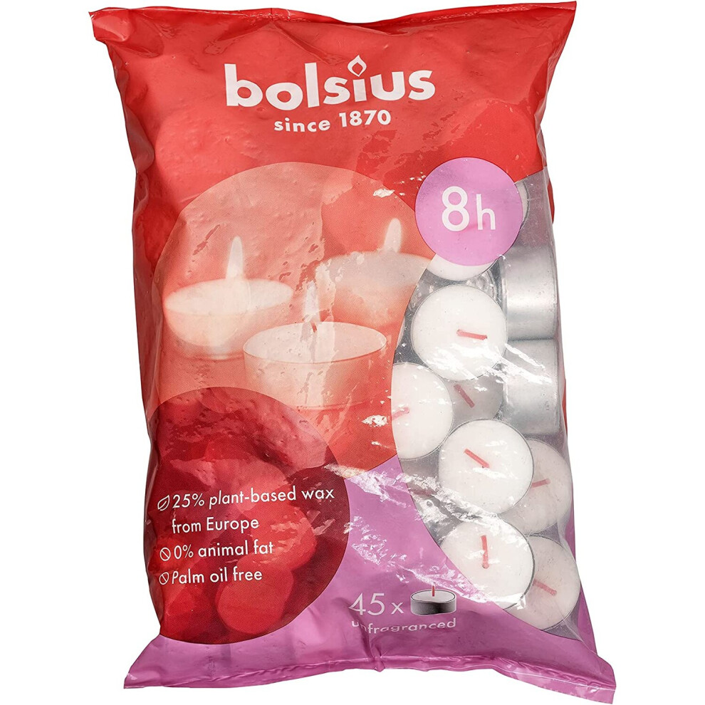 Bolsius Tealight Candles White Pack of 45 Long Burning Time of 8 Hours