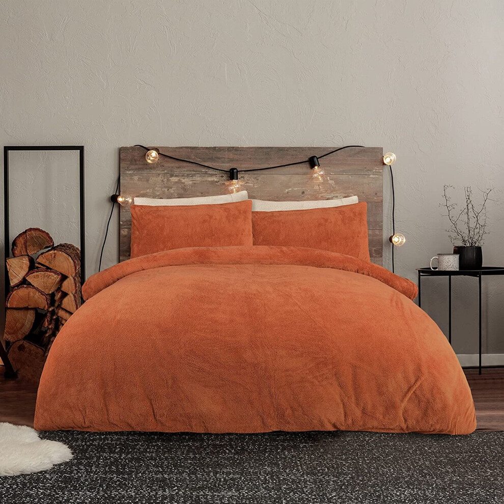 (Single, Rust Orange) Sleepdown Teddy Fleece Duvet Quilt Cover Set