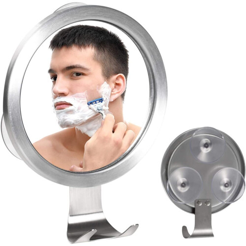 Fogfree shaving mirror with 3 powerful suction cups and shaver hook on