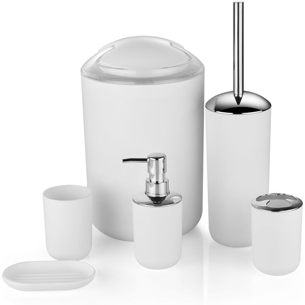 6-Piece White Plastic Bathroom Accessories Set - Durable with Trash Can, Dispenser, Toothbrush Holder, Soap Dish & Toilet Brush Stand