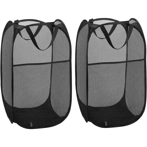 2 Pack Laundry Basket Collapsible Pop Up Mesh Laundry Hamper (Black)