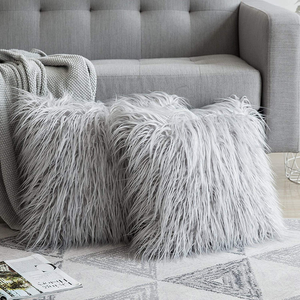 Fluffy cushion cover Faux fur throw pillowcase square silver 40x40cm