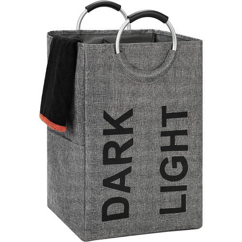 90L Extra Large Linen Double Laundry Hamper, Collapsible (Dark Grey)