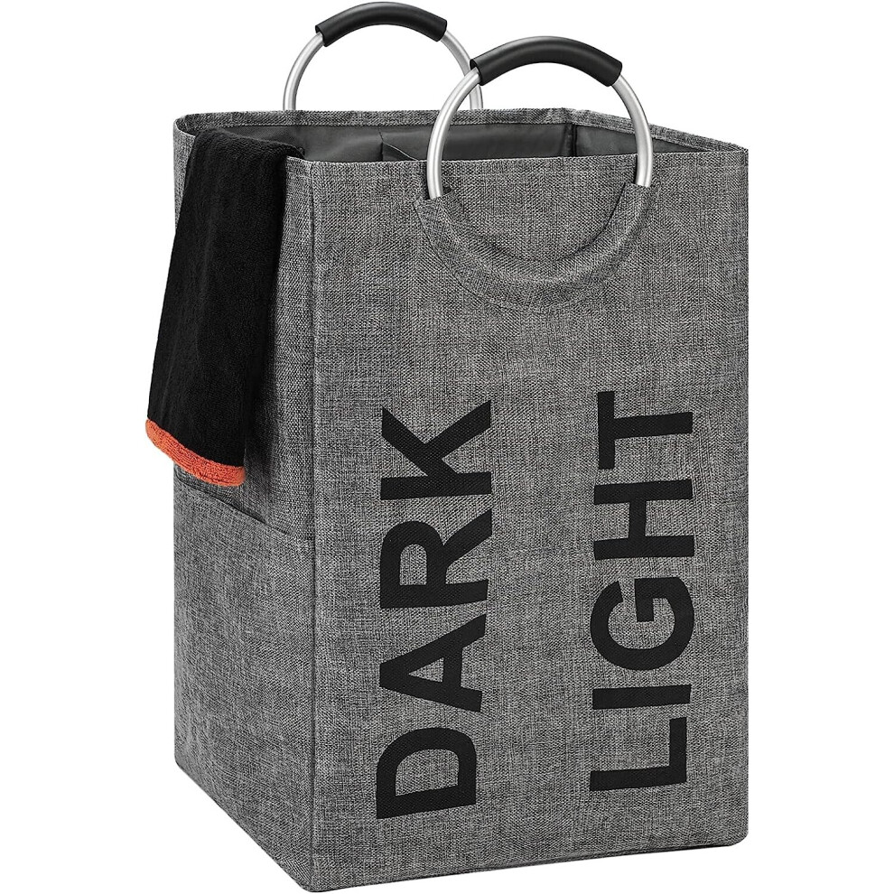 90L Extra Large Linen Double Laundry Hamper, Collapsible (Dark Grey)