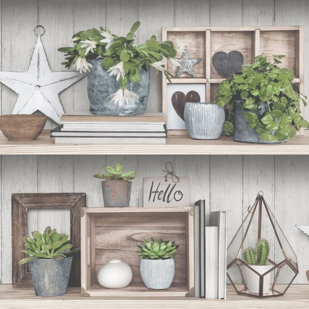 Rustic Shelf Potted Plants Wallpaper Floral Green Grey Brown Vinyl