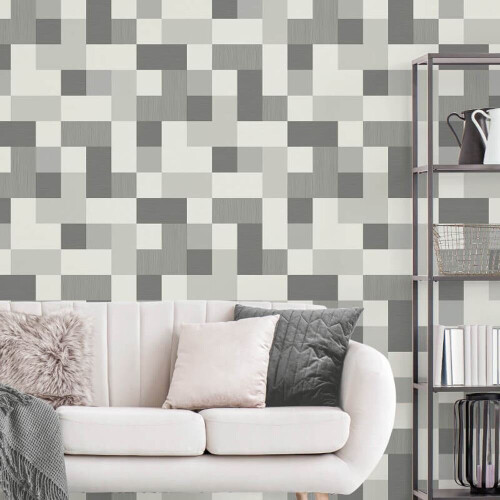 Fine Decor Fine Decor Square Geometric Mono White Grey Metallic Shimmer Retro