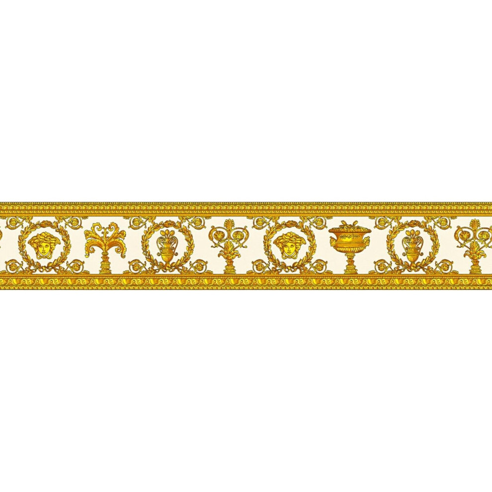 Versace Medusa Head Wallpaper Border Designer Luxury Textured White Yellow Gold