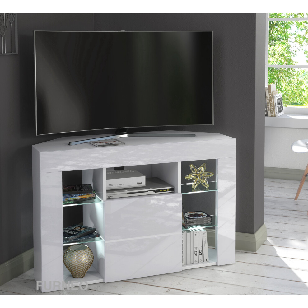 Furneo ( Led Lights) Corner Tv Stand 100Cm Gloss & Matt Venico02 Led Lights White