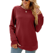 (Burgundy, S) Women Casual Long Sleeve T-Shirt Crewneck Pullover Tunic Top Solid Color Side Split High Low Curved Hem Loose Sweatshirt