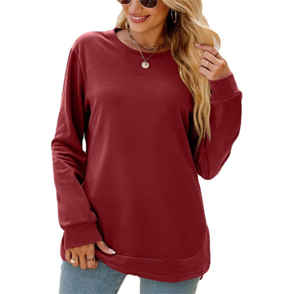 (Burgundy, S) Women Casual Long Sleeve T-Shirt Crewneck Pullover Tunic Top Solid Color Side Split High Low Curved Hem Loose Sweatshirt