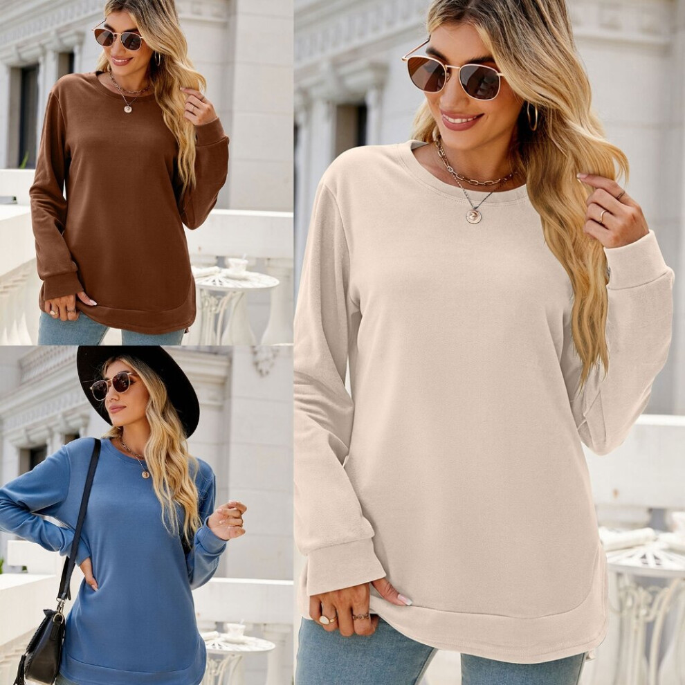 Apricot, S) Women Casual Long Sleeve T-Shirt Crewneck Pullover
