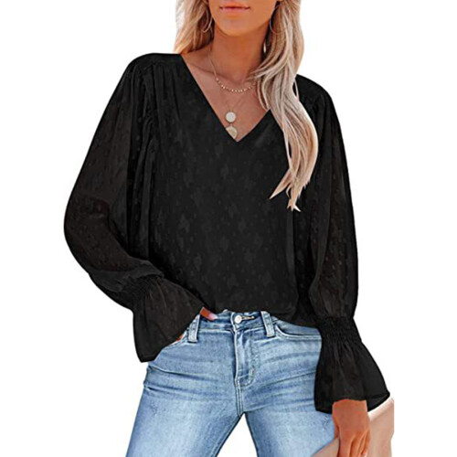 Women's Long Sleeves Lace Shirt Sweet Trumpet Sleeves Tops Chic V Neck ...