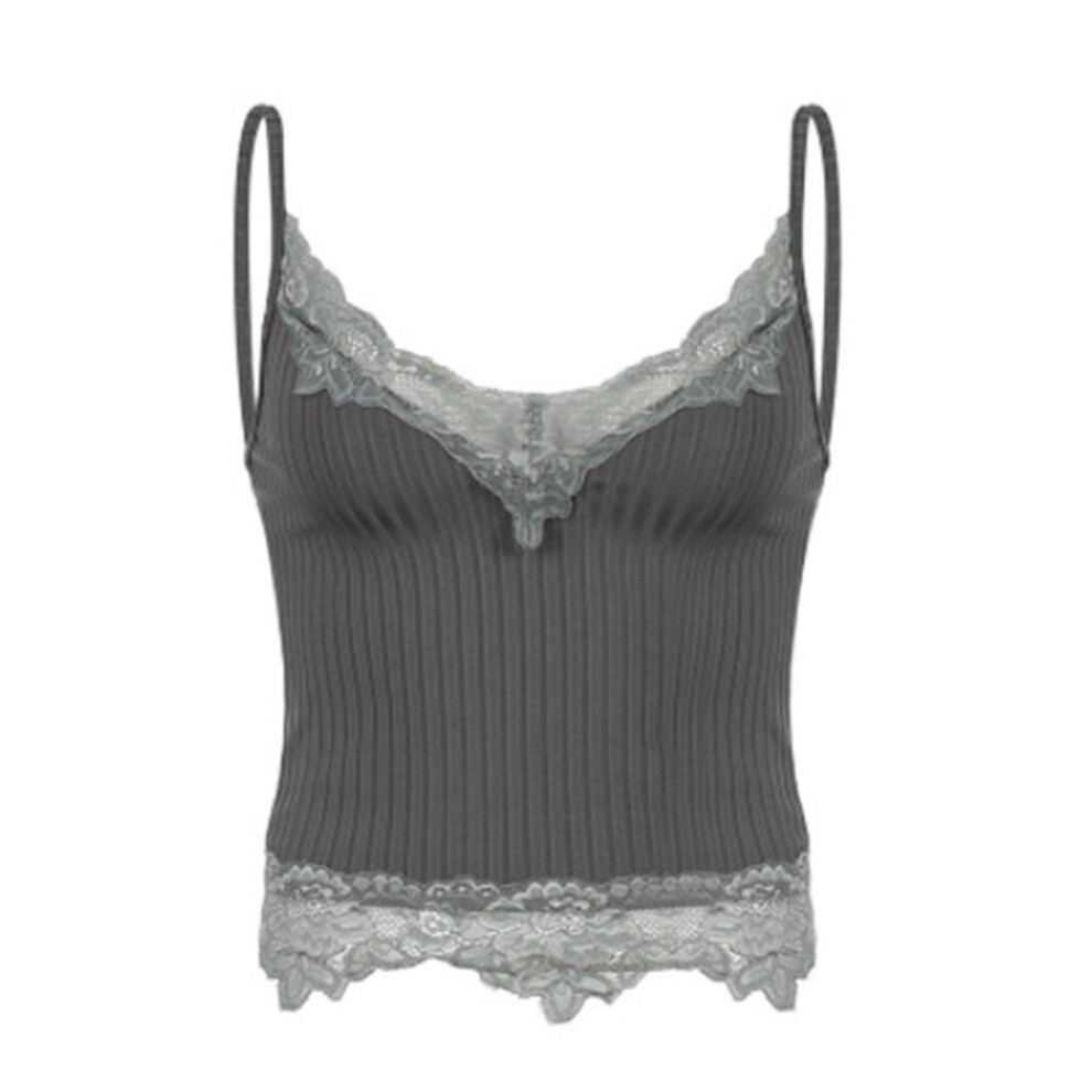 (Gray, M) Womens Lace Cami Top V-Neck Lace Hem Camisole Spaghetti Strap Ribbed Tank Top