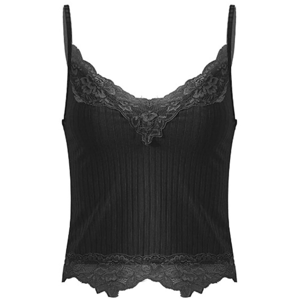 (Black, M) Womens Lace Cami Top V-Neck Lace Hem Camisole Spaghetti Strap Ribbed Tank Top
