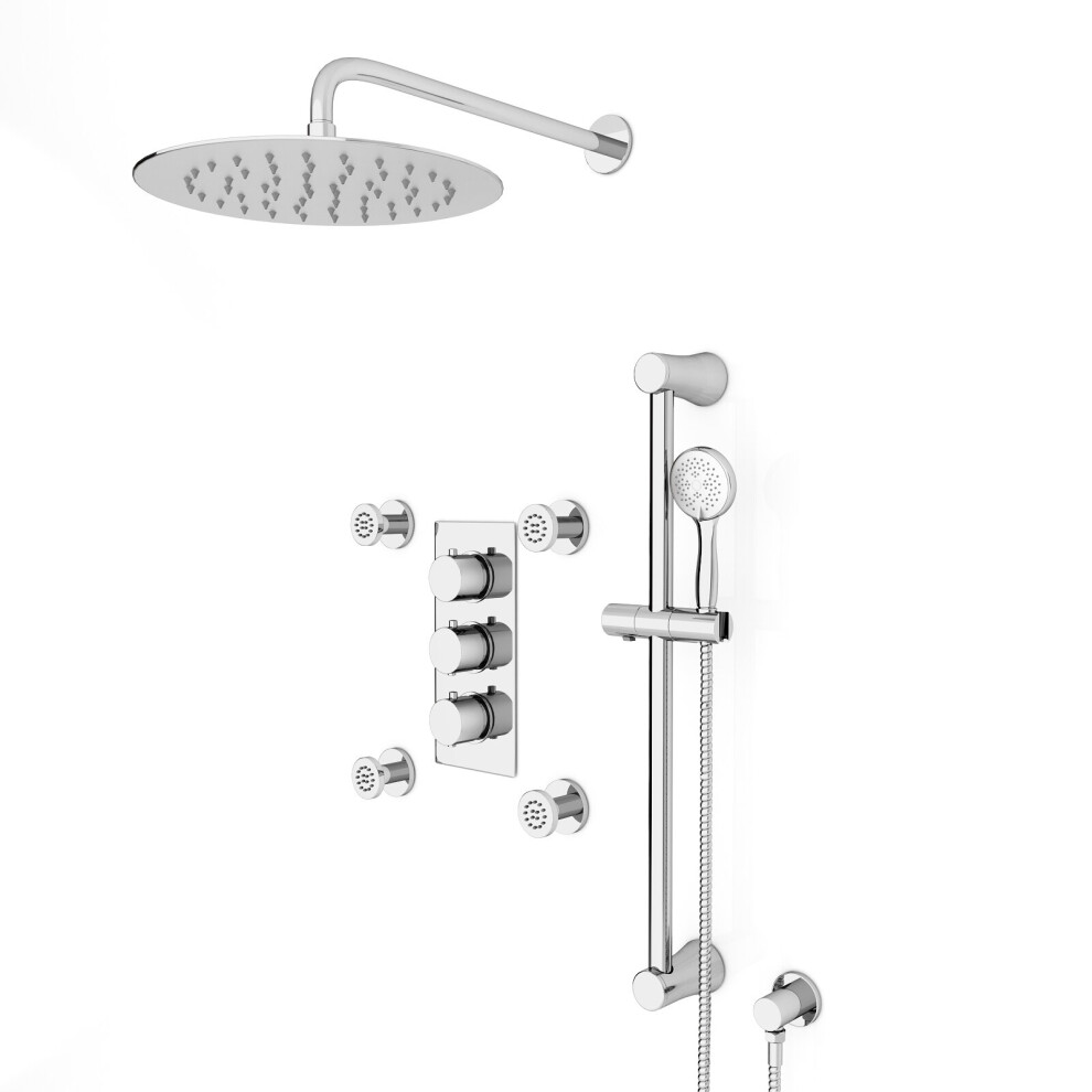 Nes Home Round 3 Way Concealed Thermostatic Shower Mixer Valve,Head, Handset, Slider Rail kit, Body Jets Set Chrome