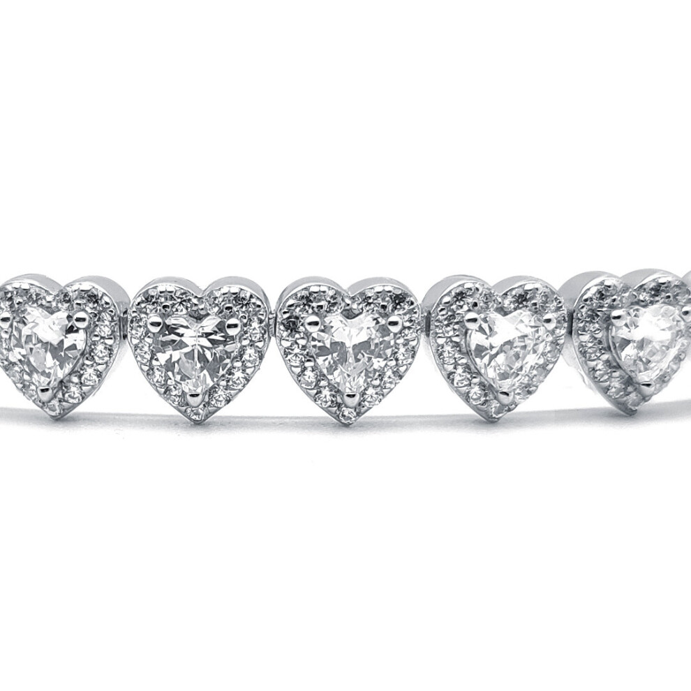 Jewelco London Ladies Rhodium Plated Sterling Silver Round & Heart CZ Sweetie Halo Love Hearts Line Bracelet, 7.5" - ABB192