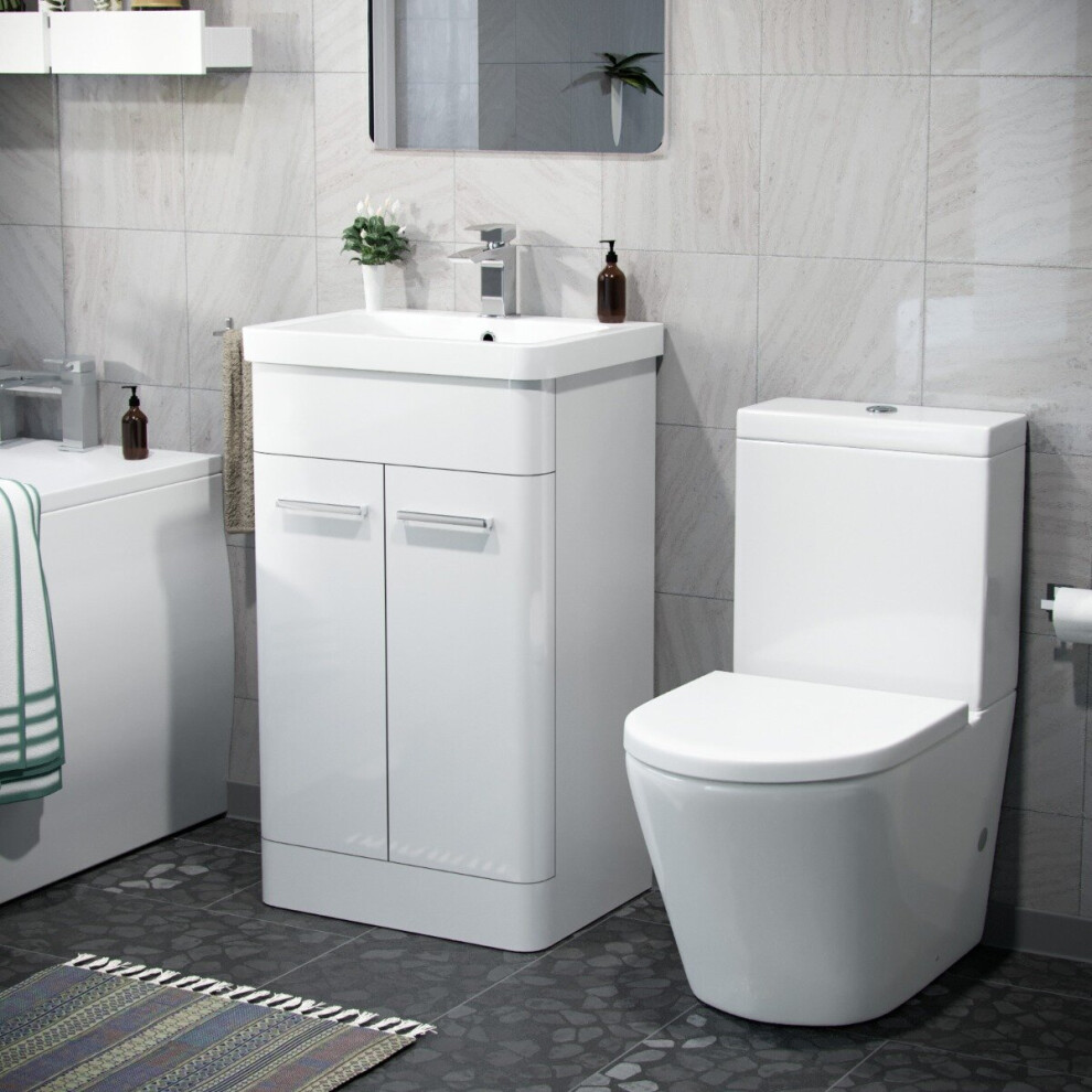 Nes Home Afern 500Mm Bathroom Basin Vanity Unit & Rimless Close Coupled Toilet White