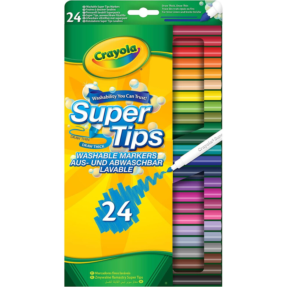 CRAYOLA SuperTips Washable Markers Assorted | Premium Felt Tip Pens That Can Easily Wash Skin & Clothing | Ideal for Kids Aged 3+ Colours- Pack of 24