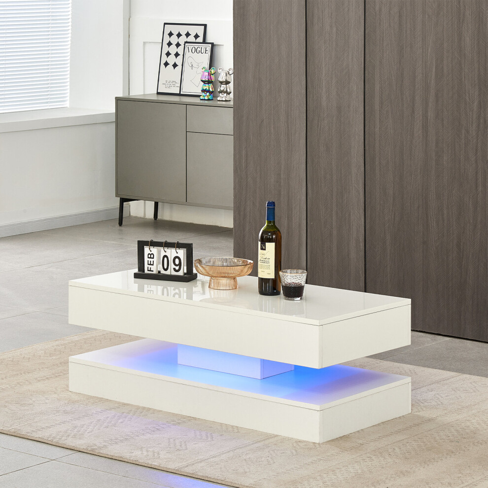 LED Coffee Table - High Gloss, 2 Drawers, Living Room Storage White