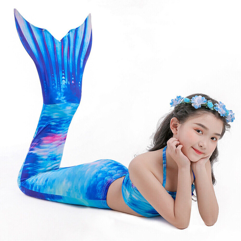 (Blue, 130/8-9 Years) Girls Mermaid Tail Swimming Costume Swimmable Bikini Set Summer Swimsuit UK