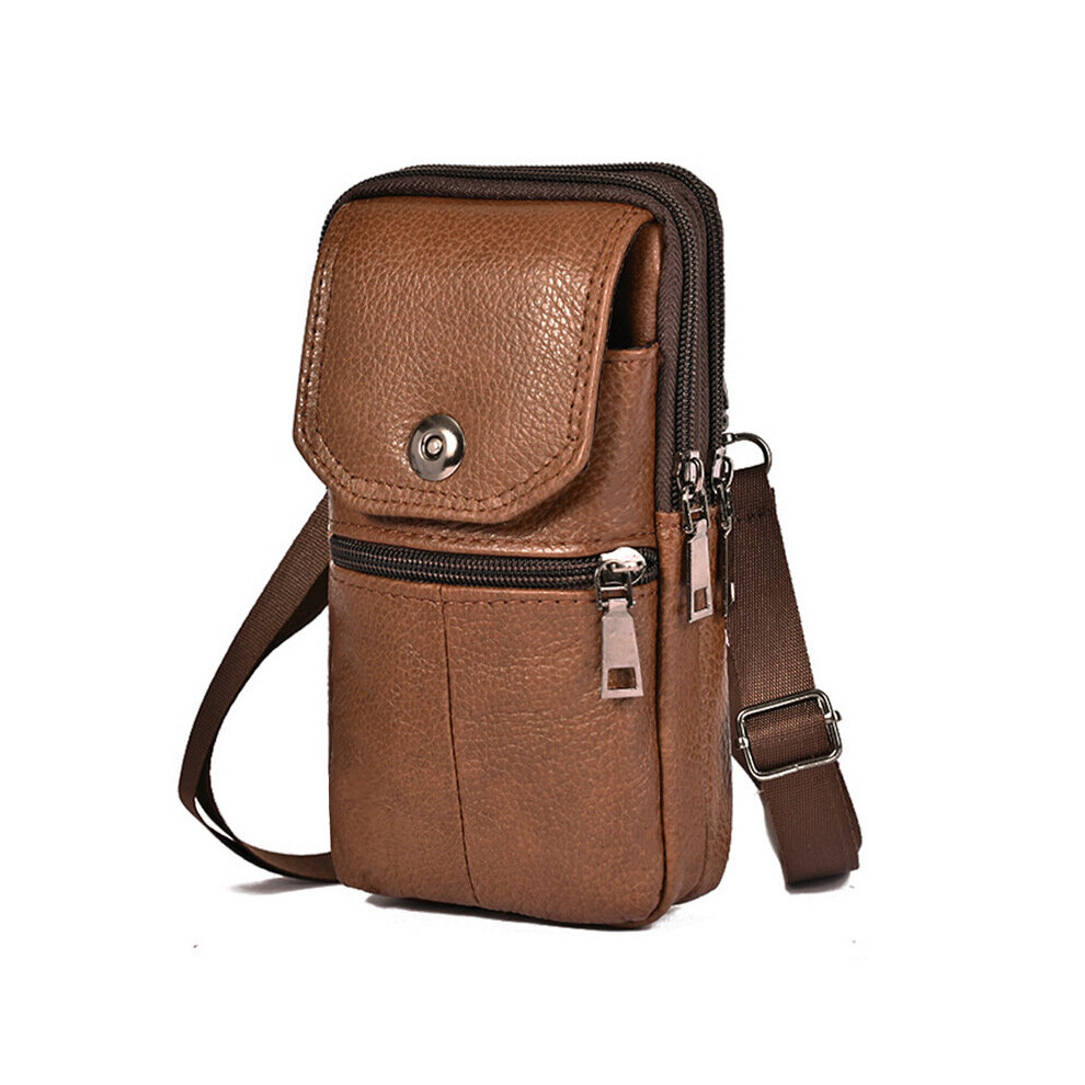 Men Leather Waist Bag Large Capacity Belt Bag Brown Shoulder Bags Crossbody Bags Multi-layer Buckle Mobile Phone Bag Bum Pouch-image-OPC-PBTTZNW-NEW