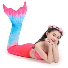 (Blue-Rose red, 140/10-11 Years) Girls Mermaid Tail Swimming Costume Swimmable Bikini Set Summer Swimsuit UK