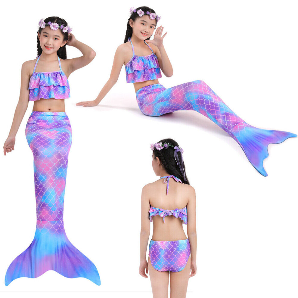 (YY028-2 Purple Blue, 130/8-9 Years) Girls Mermaid Tail Swimming Costume Swimmable Bikini Set Summer Swimsuit UK