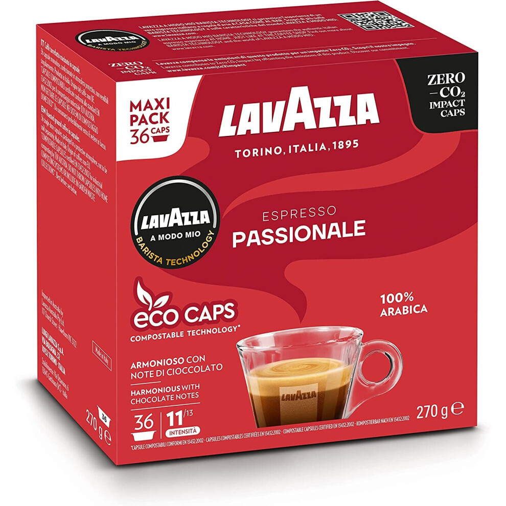 Lavazza A Modo Mio Espresso Passionale Coffee Capsules 100% Arabica Warm & Inviting Taste Intensity 11/13, 40ml Espresso Compostable 36 Espresso Pods