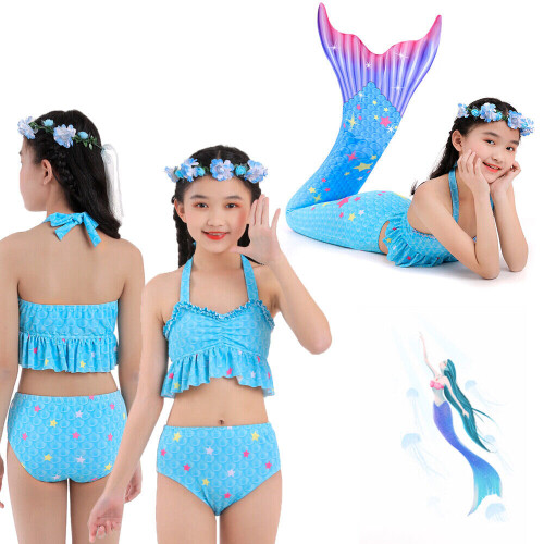 YY058 Blue 150 12 13 Years Girls Mermaid Tail Swimming Costume Swimmable Bikini Set Summer Swimsuit UK on OnBuy