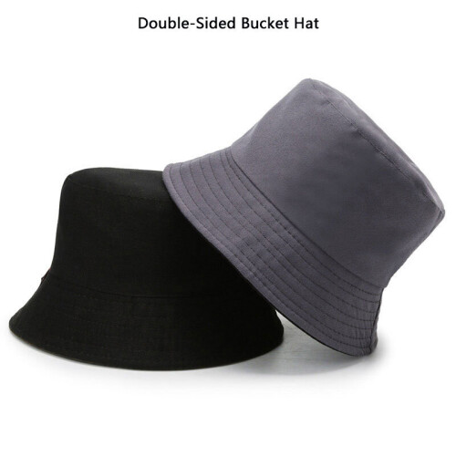 (Black Grey) Cotton Double Sided Bucket Hat Sun Protection Breathable Short Brim Cap Beach