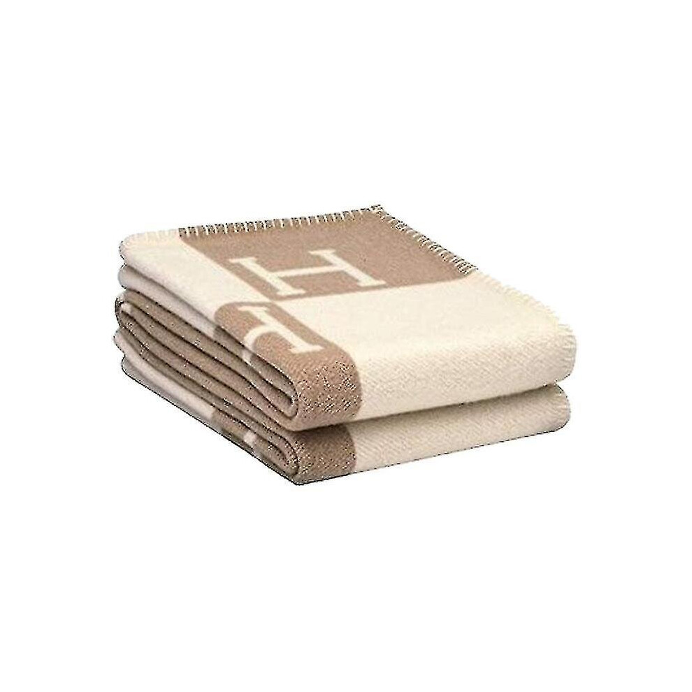 (Khaki) Plaid H Blanket Cashmere Blended Crochet Portable 140x170cm