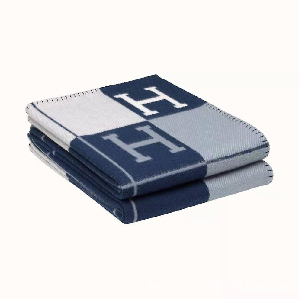(Blue) Plaid H Blanket Cashmere Blended Crochet Portable 140x170cm