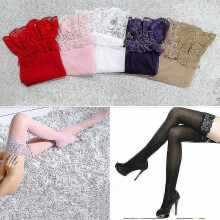 (Black) New Sexy Lace Top Hold Ups Stockings Fishnet Sheer Elasticated Or Silicone Strip