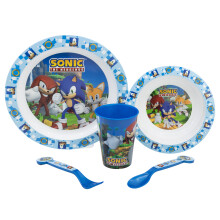 5-Piece Kids Dinnerware Set featuring Sonic The Hedgehog - Plate, Cup, Bowl, Knife & Fork - Microwave Safe, BPA Free