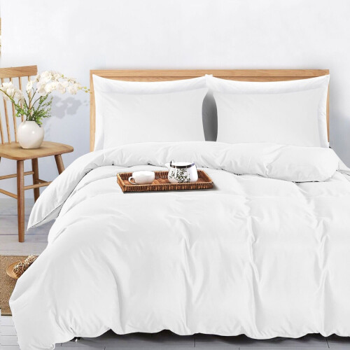 (White, Double) Plain Dyed Duvet Cover Single Double King Bed Set