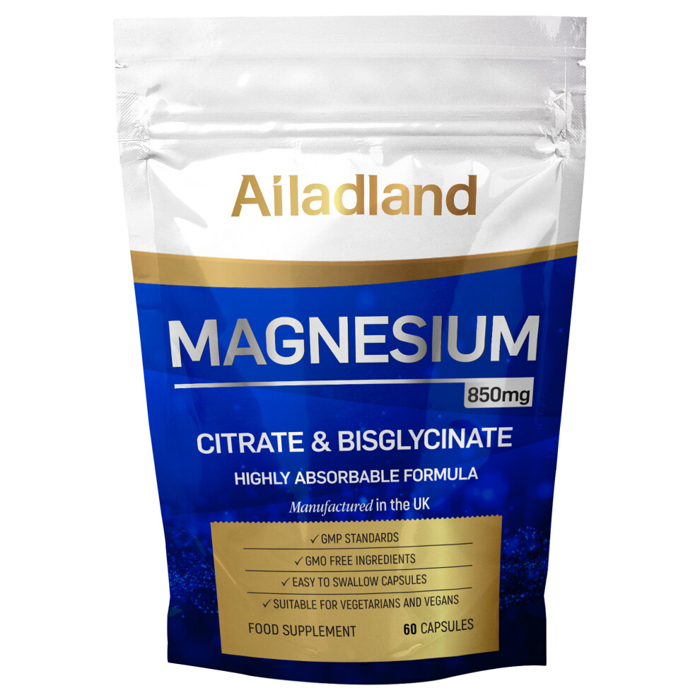 (60 Capsules) Magnesium Citrate and Bisglycinate (Glycinate) 850mg Capsules Just 1 Per Serving