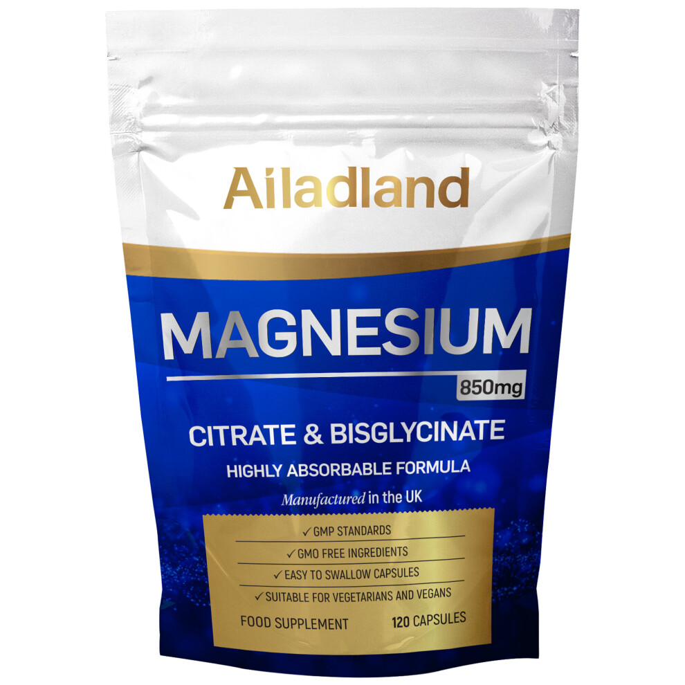 (120 Capsules) Magnesium Citrate and Bisglycinate (Glycinate) 850mg Capsules Just 1 Per Serving