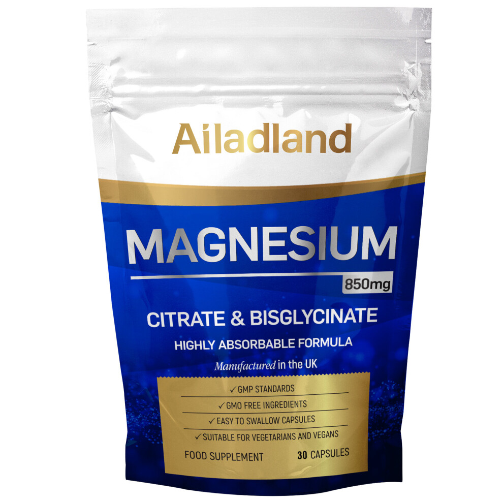 (30 Capsules) Magnesium Citrate and Bisglycinate (Glycinate) 850mg Capsules Just 1 Per Serving