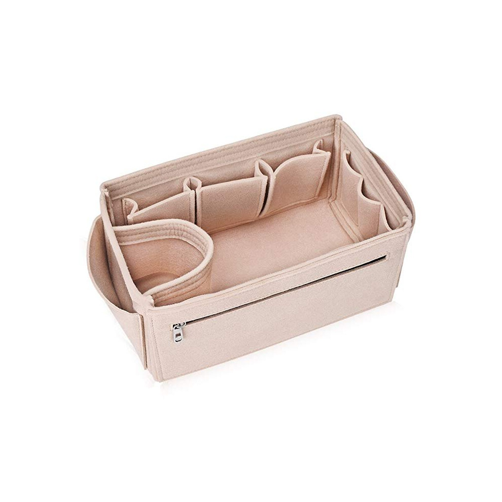 (M Beige-26X15X15CM) HHYUKIMI Multifunction Felt Cosmetic Bag Handbag Organizer Insert Travel Inner Purse Makeup Organizers Fit Various Bags