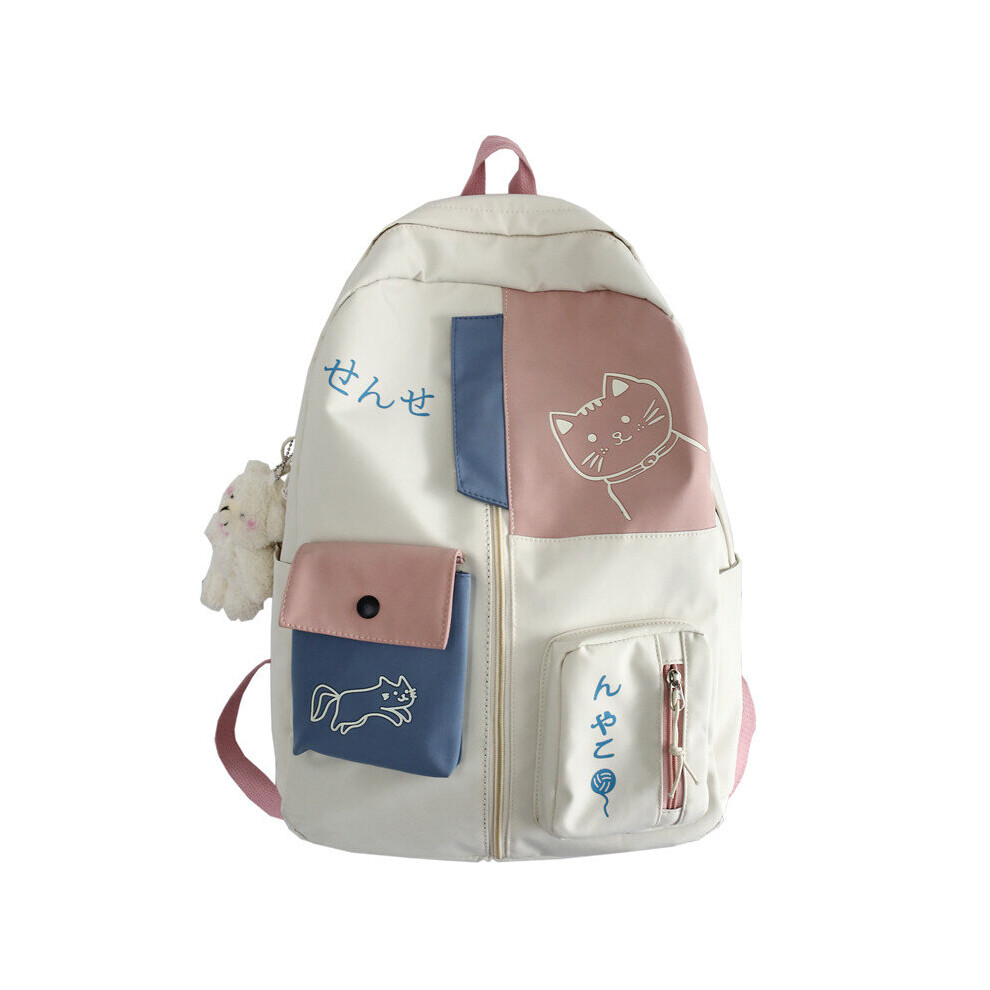 (white Beige-With Pendant) Women Backpack Patchwork Female Large Capacity Waterproof Nylon Shoulders School Bag Birthday Gift-image-OPC-PBV2GXB-NEW